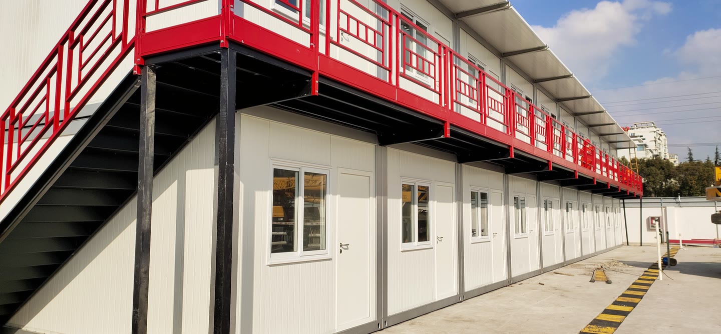 External stair and gallery access on a two-storey modular accommodation building