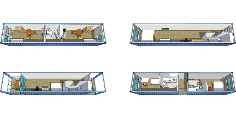 Modified container plans combining work rooms and sanitary facilities