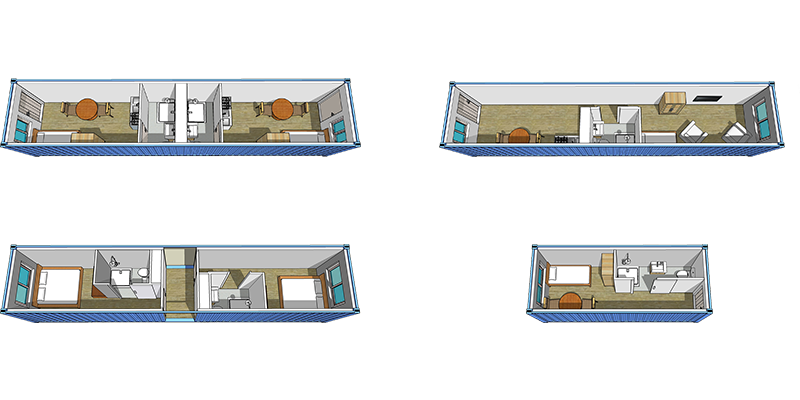 Modified container plans for compact living and work arrangements