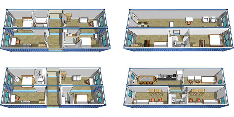Combined modified container plans for multi-room accommodation and amenity spaces