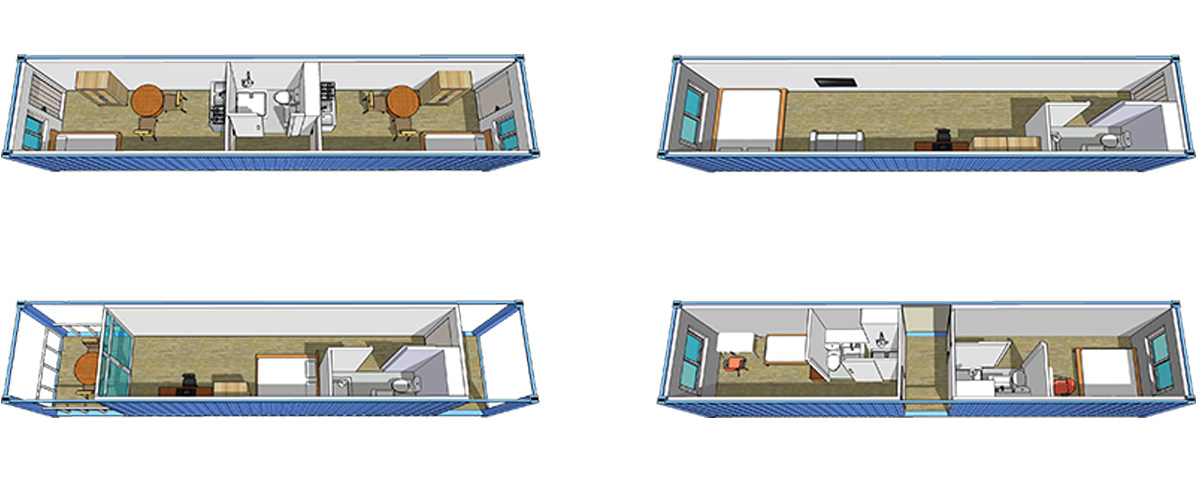 Four modified container arrangements with work, living and sanitary zones
