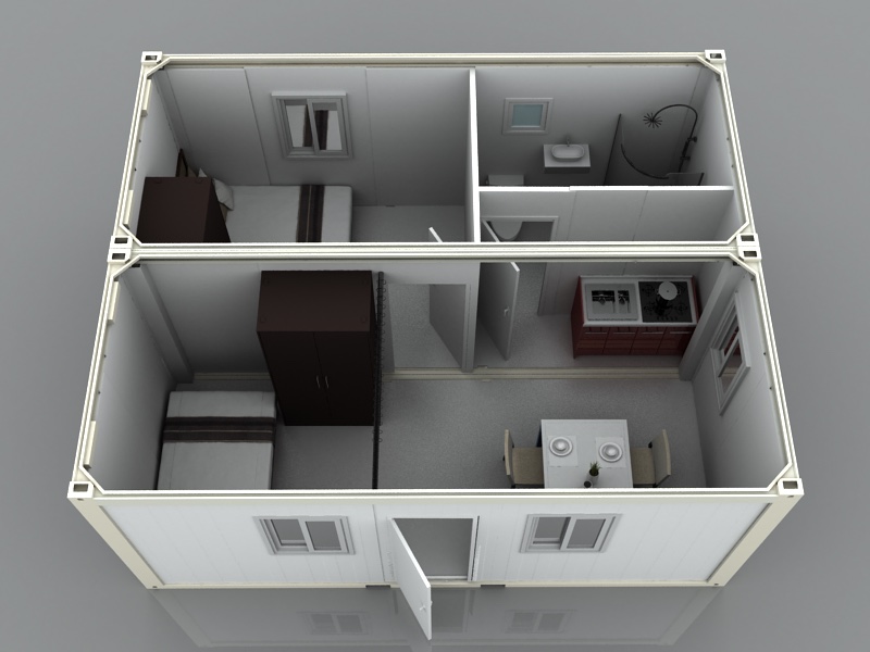 Concept cutaway of two connected flat-pack modules with sleeping living and sanitary zones