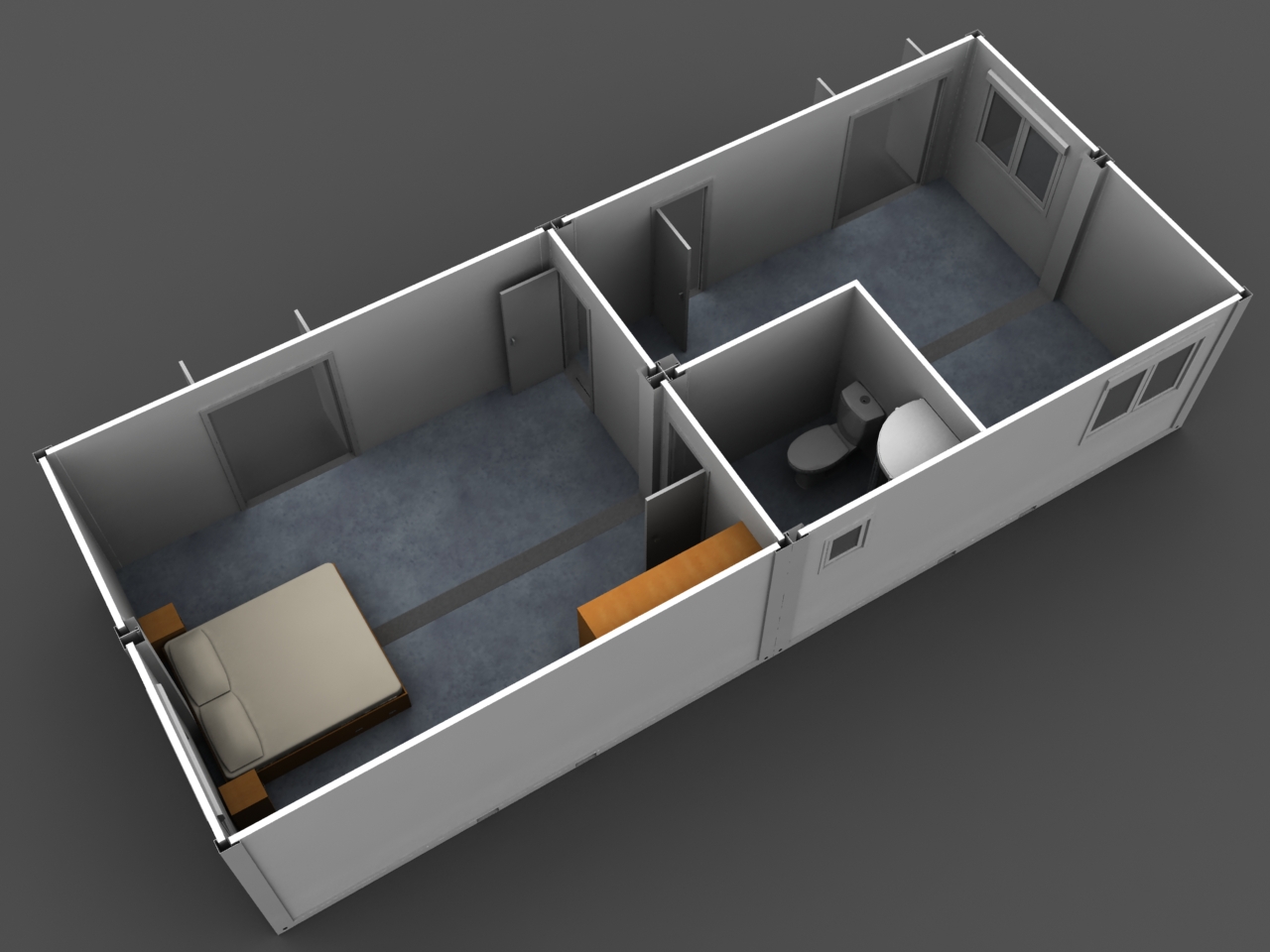 Concept cutaway of a larger combined modular office arranged around central circulation