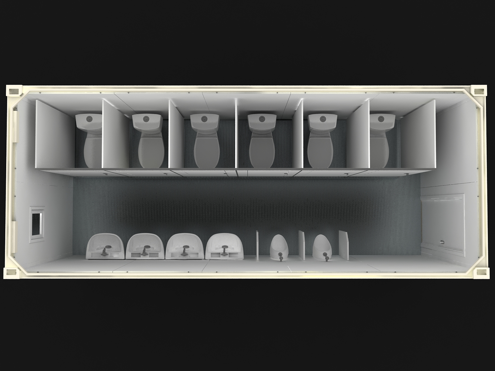 Concept cutaway of a modular sanitary facility with toilet and wash areas