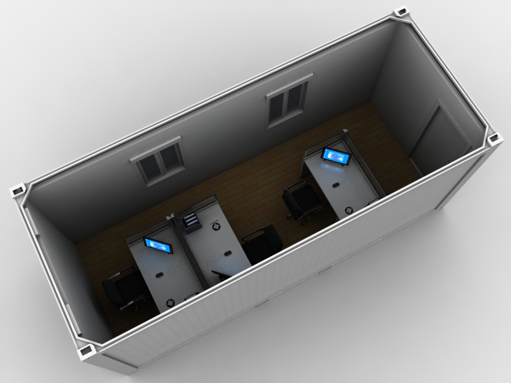 Concept cutaway of a single flat-pack module arranged as a compact office