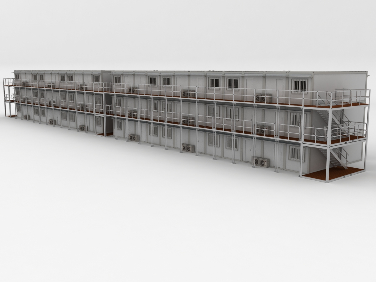 Concept exterior of a three-storey combined modular building with external galleries and stairs