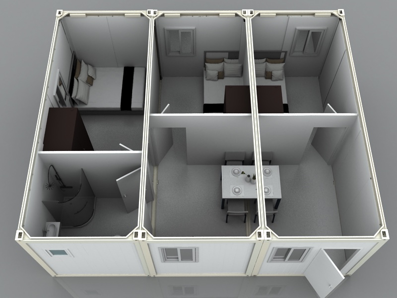 Concept cutaway of three connected flat-pack modules with bedrooms and shared living space